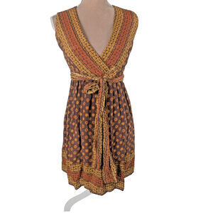 Anna Sui Silk Wrap Dress Brown Sz S Geometric Boho Ethnic Colorful Retro